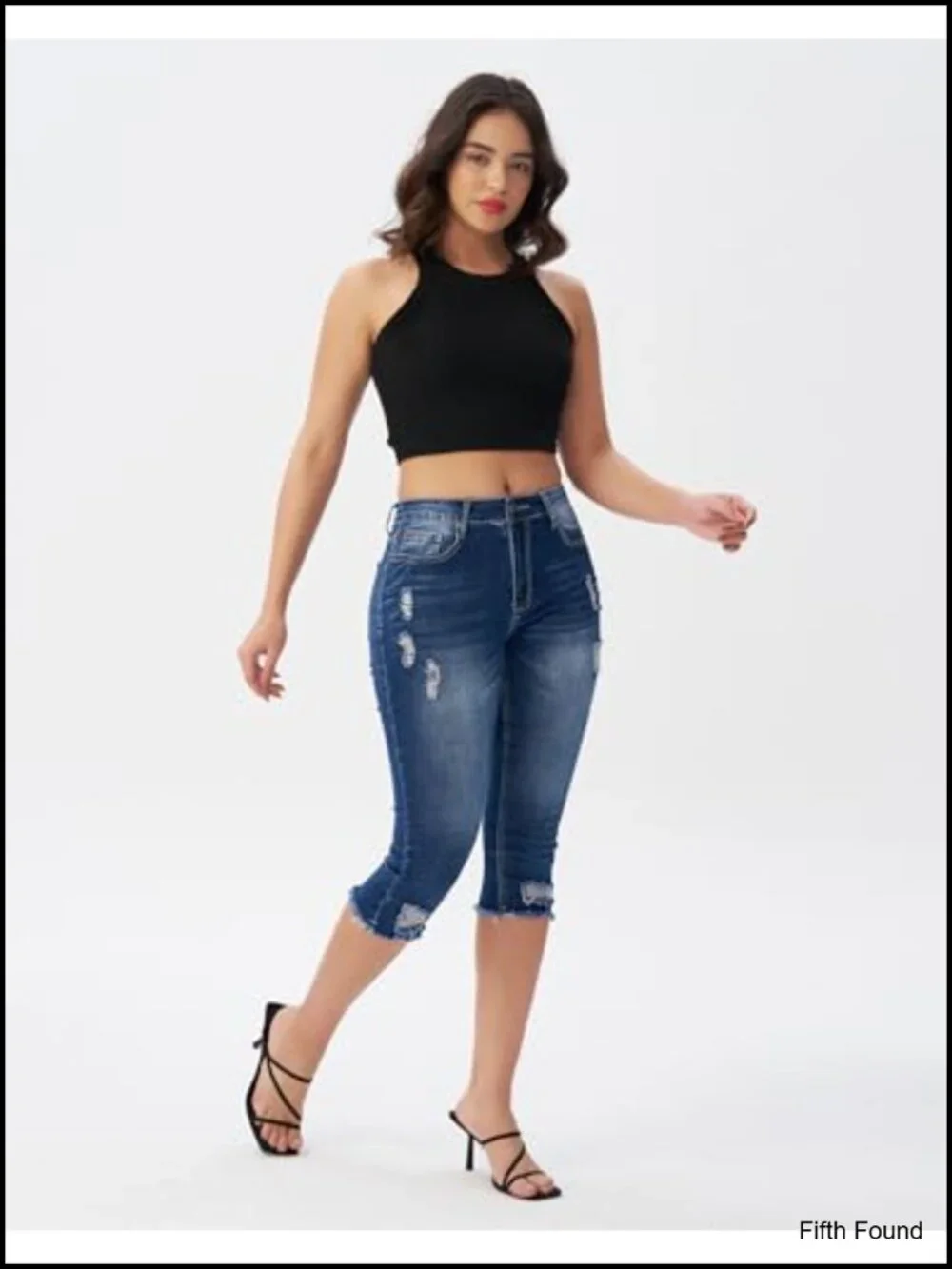 Capri Pants Mid Rise Skinny Ripped Stretchy Cropped Distressed Jeans
